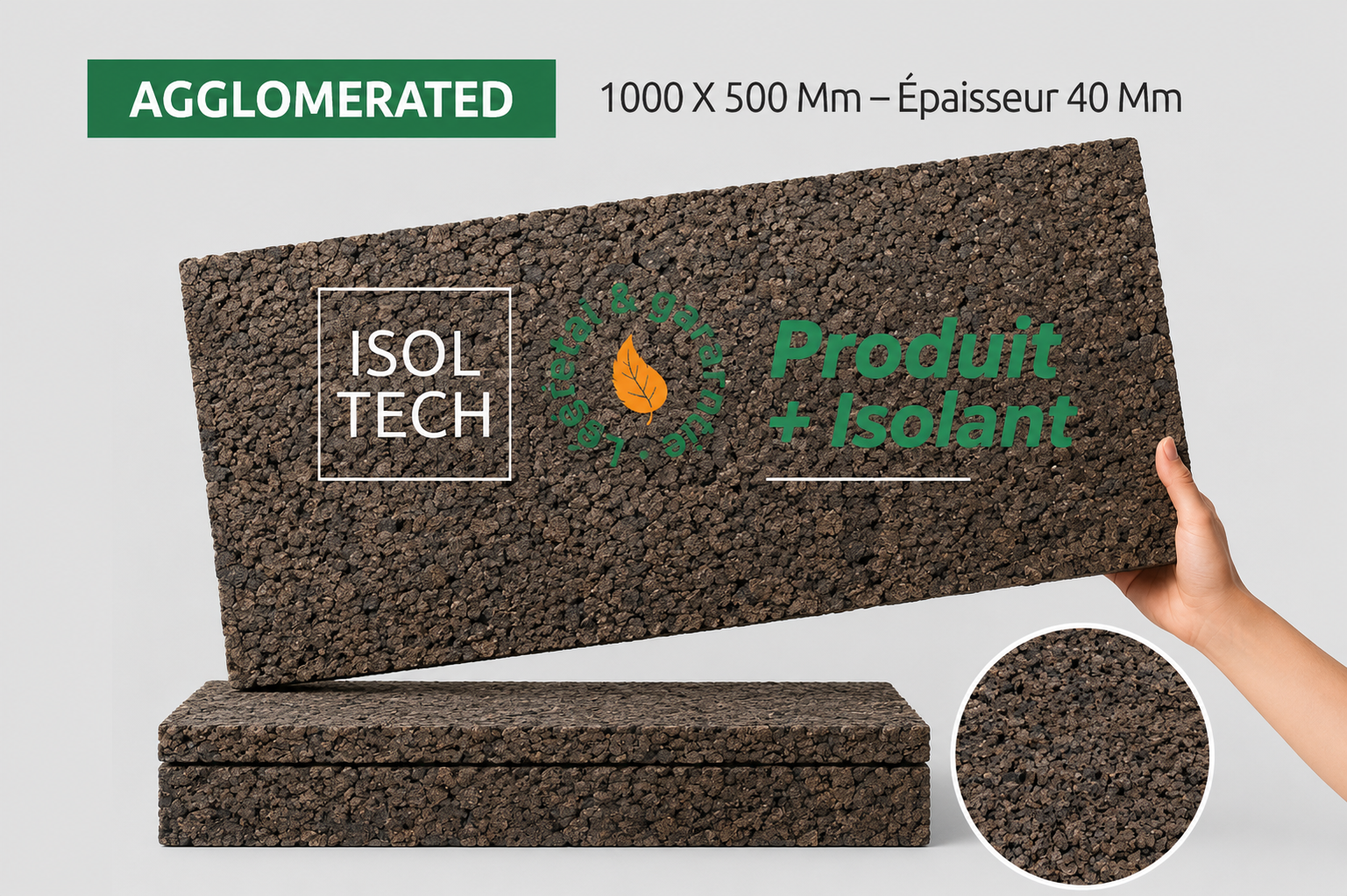 agglomerated cork board 1000 x 500 mm – Thickness 40 mm