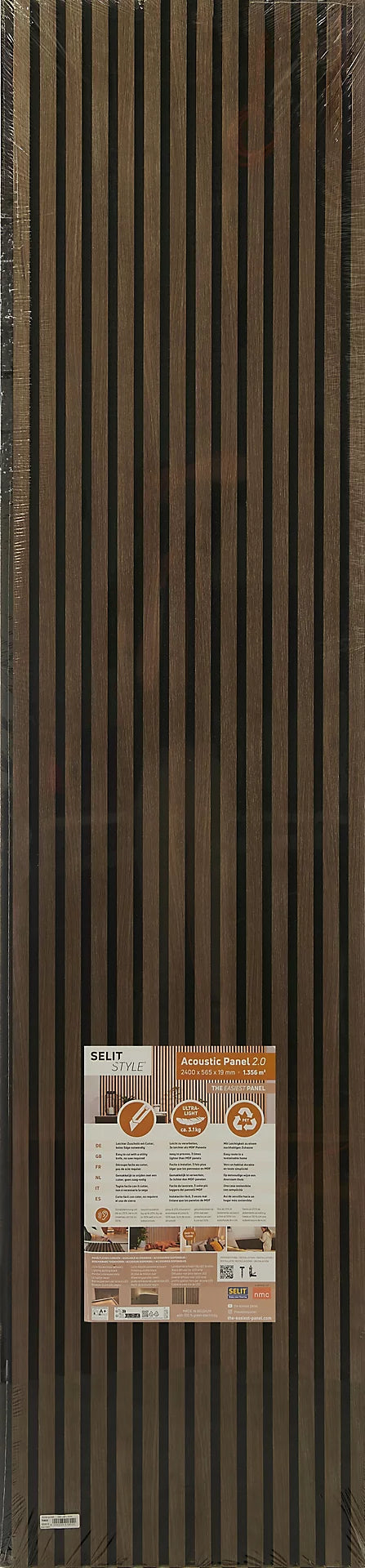 SELITSTYLE® The Easiest Panel – Panneau acoustique PET Dark Oak 2400 × 565 × 19 mm