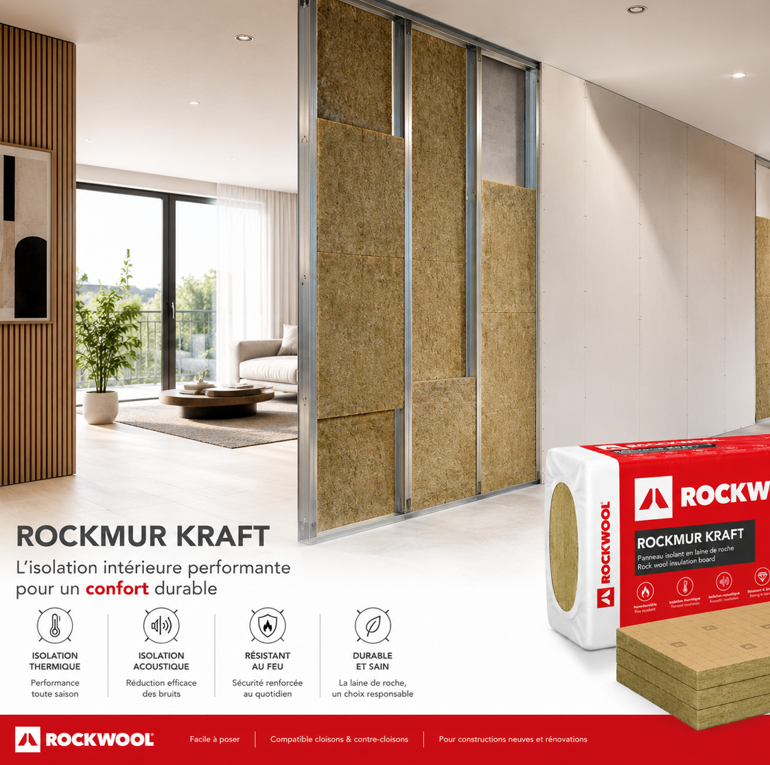 Panneau isolant en laine de roche - 1200 X 600 X 50 mm