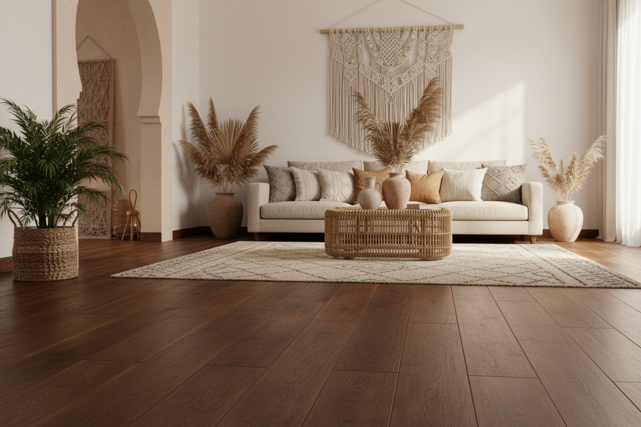 Parquet massif chêne noyé - séjour Rendu réaliste généré  